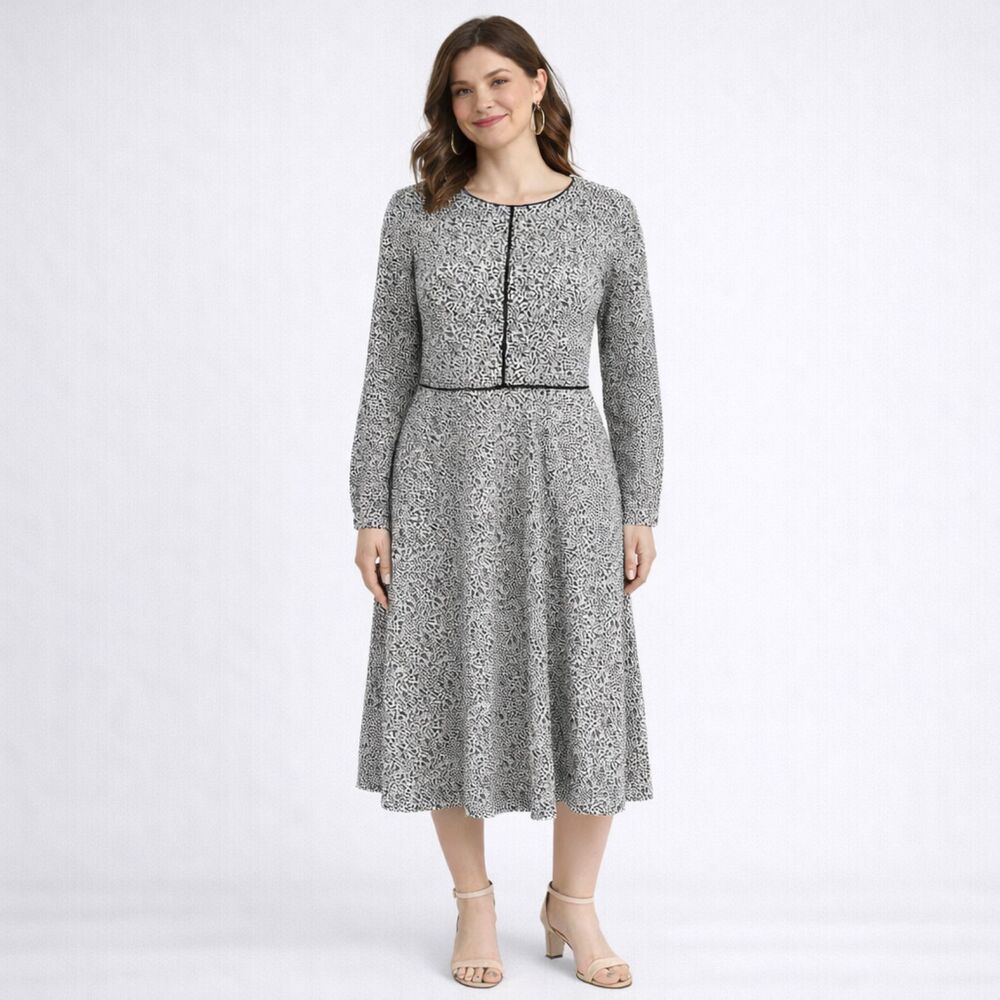 Mikael Aghal Ditsy Floral Print Crepe Fit & Flare Piped Dress White Black 6